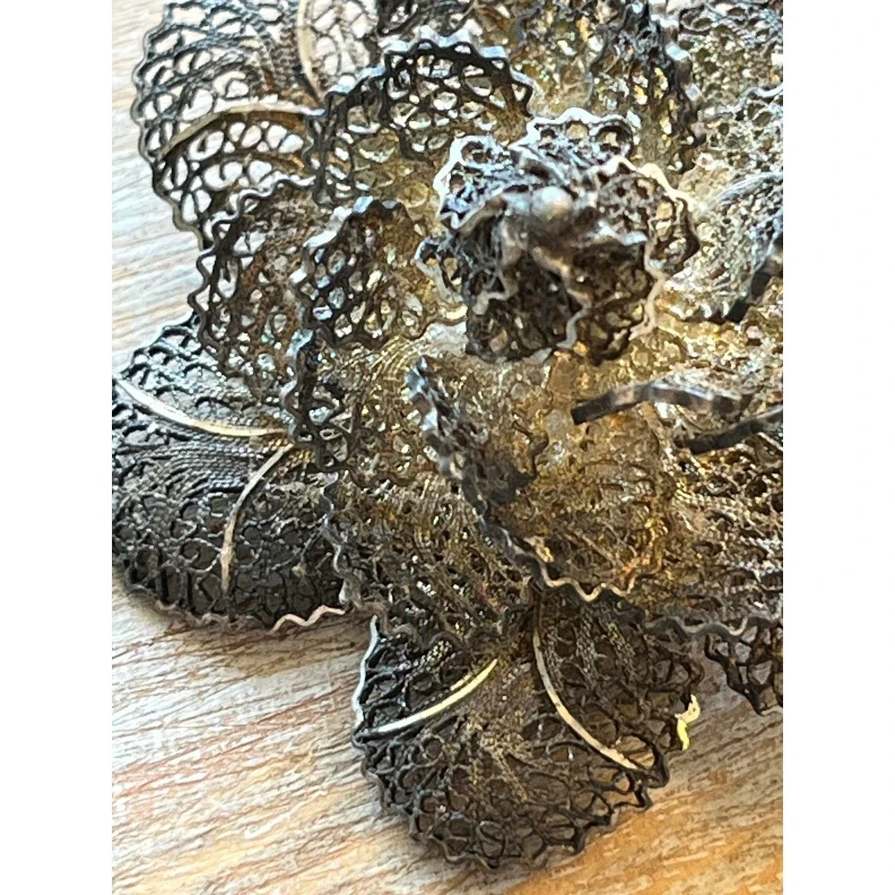 Topazio Silver 925 Filigree Flower Brooch Layered Floral Pin Vintage Jewelry